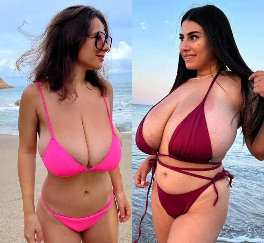 Right or left , which of these two very beautiful girls needs the help of bikini top more ?