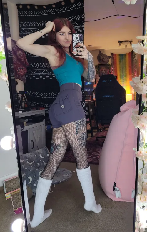 Workout shorts and fishnets