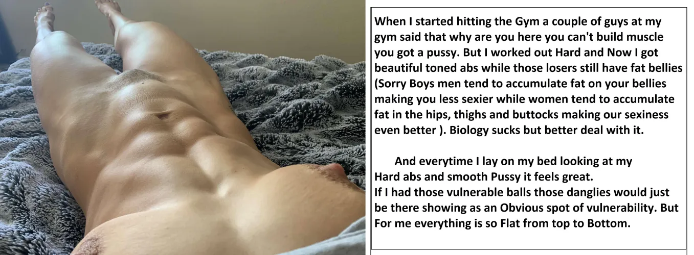 MUSCULAR, STRONG, SMOOTH FROM TOP TO BOTTOM WITHOUT ANY OBVIOUS VULNERABILITY. A woman can get as muscular as she wants, Only thing men have is Weak dangly nuts..