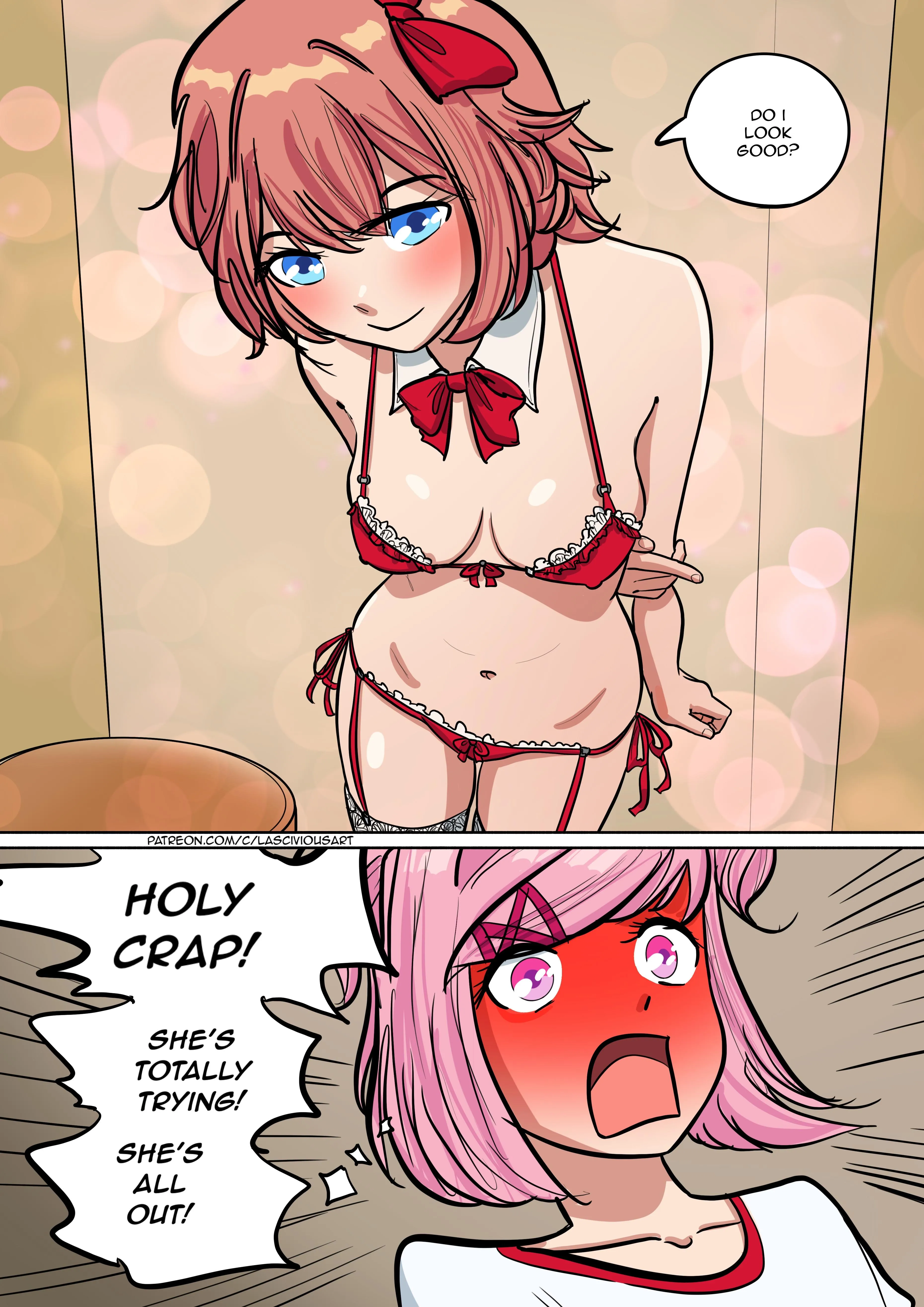 A page from (LasciviousArt)’s latest [Doki Doki Literature Club] doujinshi chapter: “Woman of respect, woman of cute”