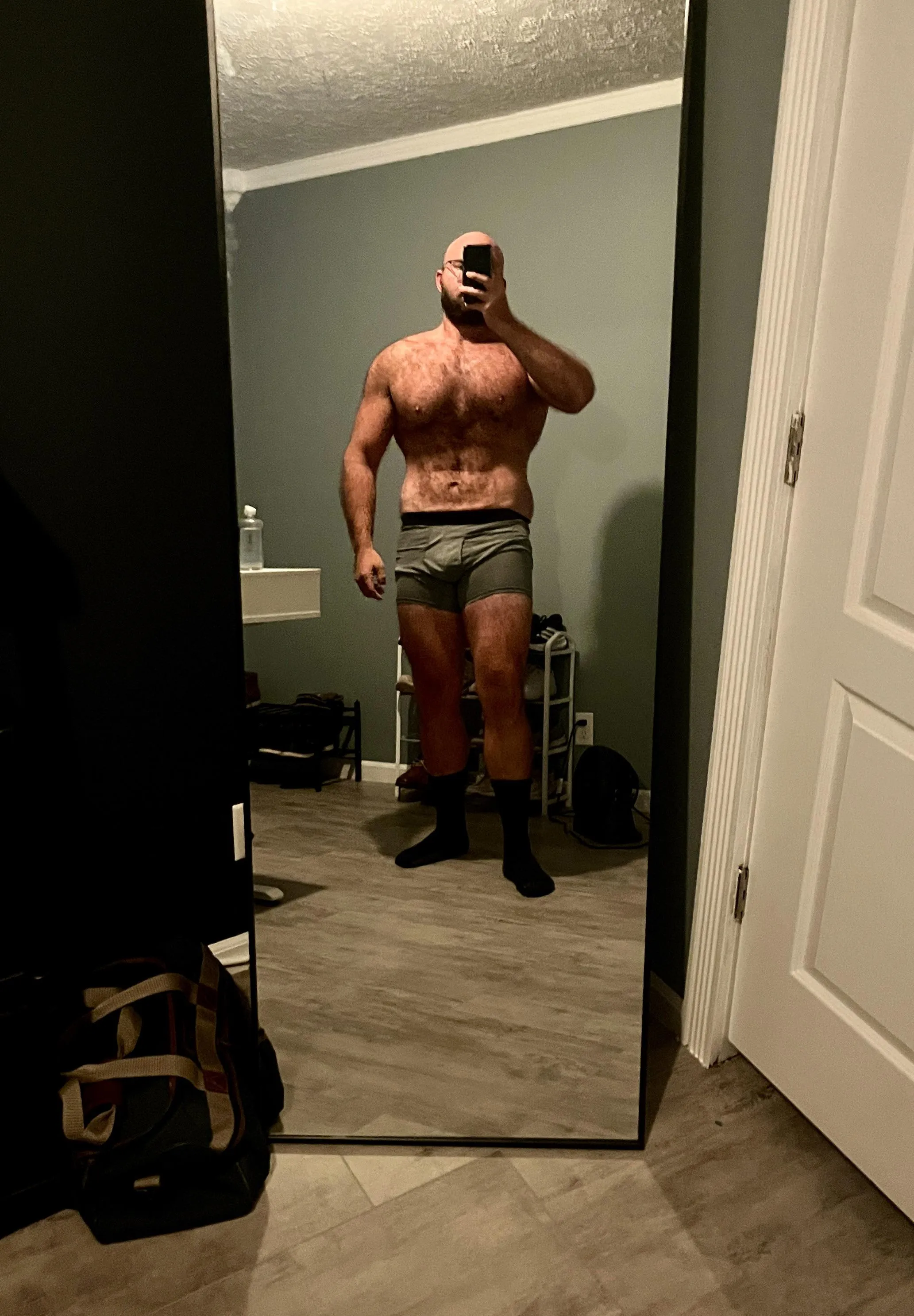 Black socks and grey briefs. (31)