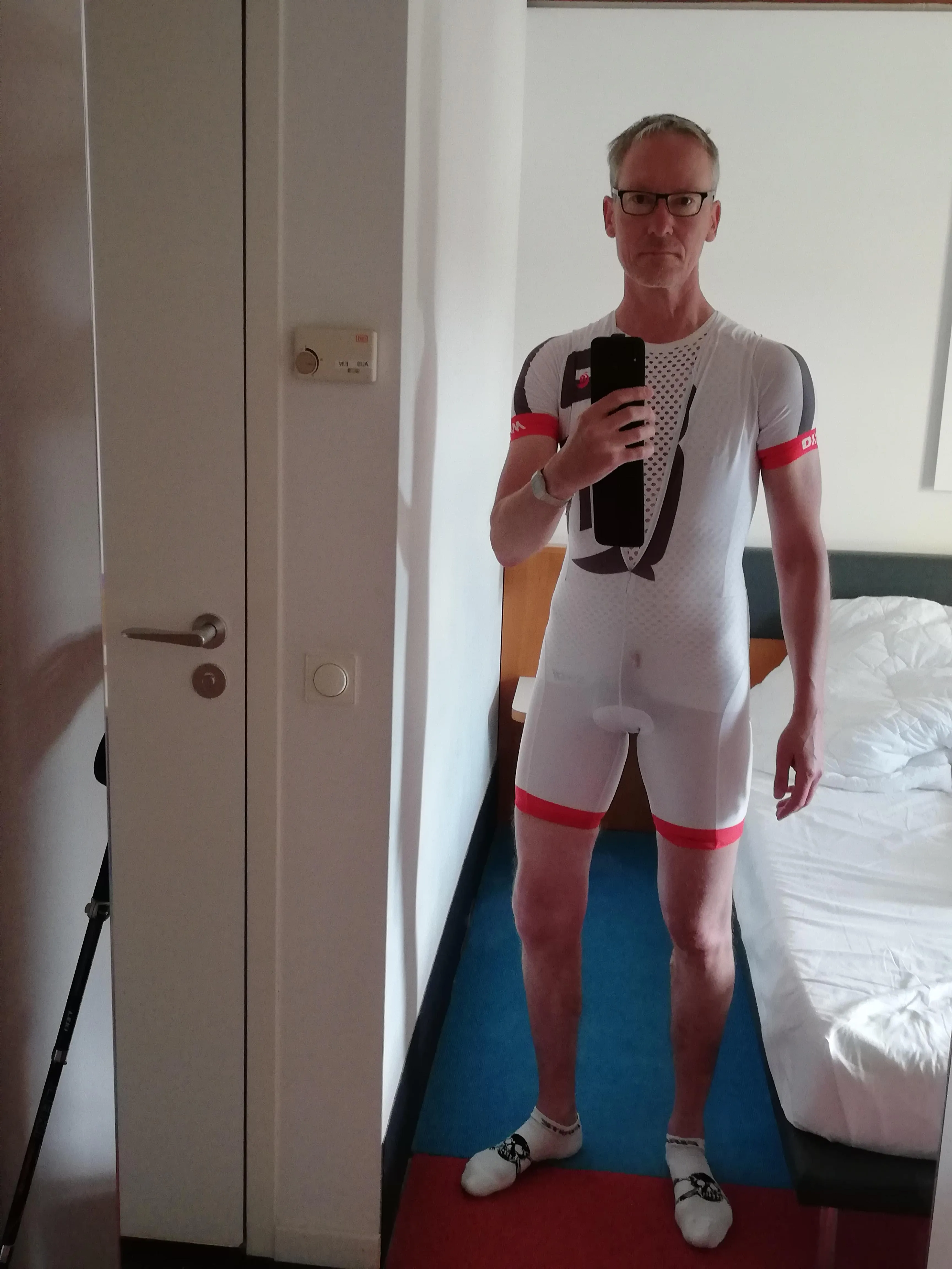 Could not avoid oozing pre-cum in the skinsuit before going on bike tour.