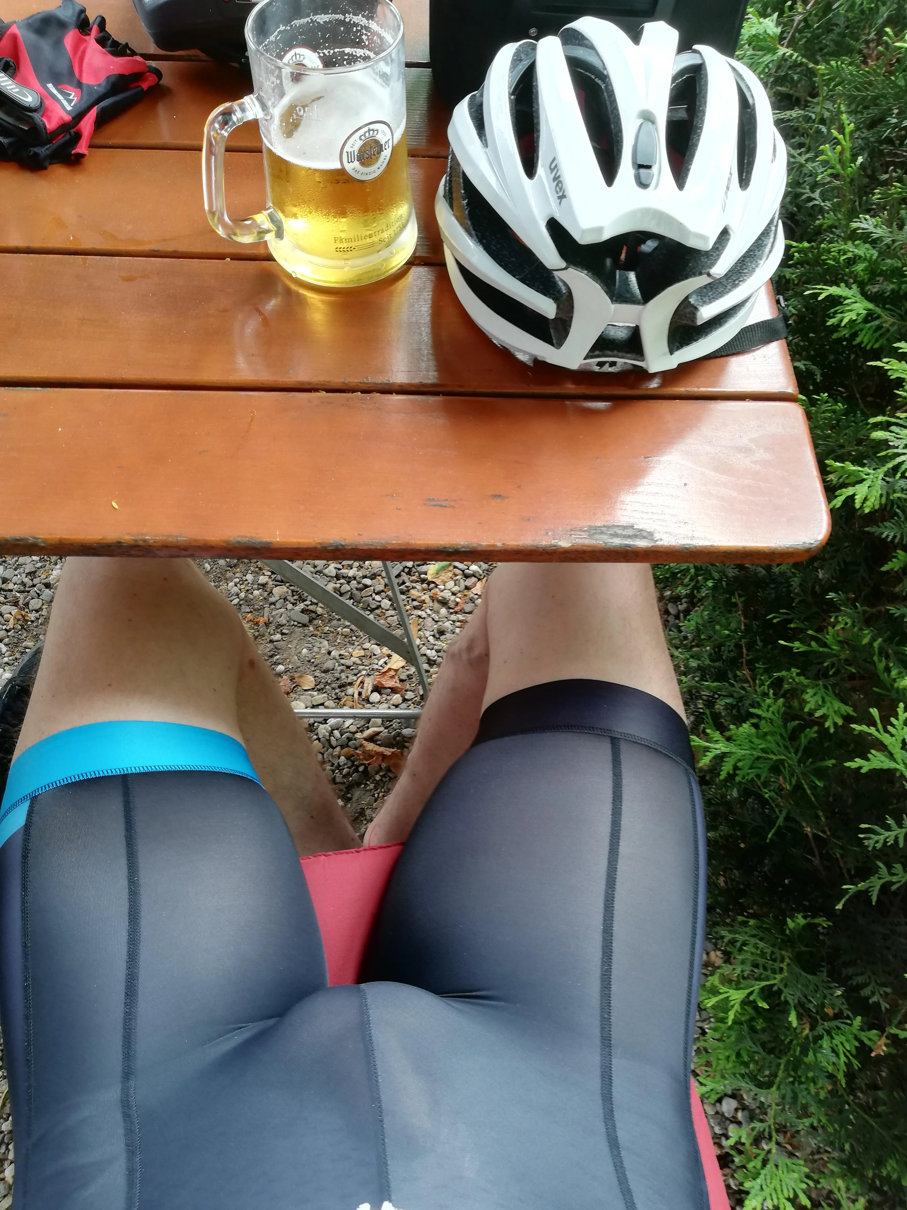 Dried pre-cum stains on the semi-sheer bib shorts.