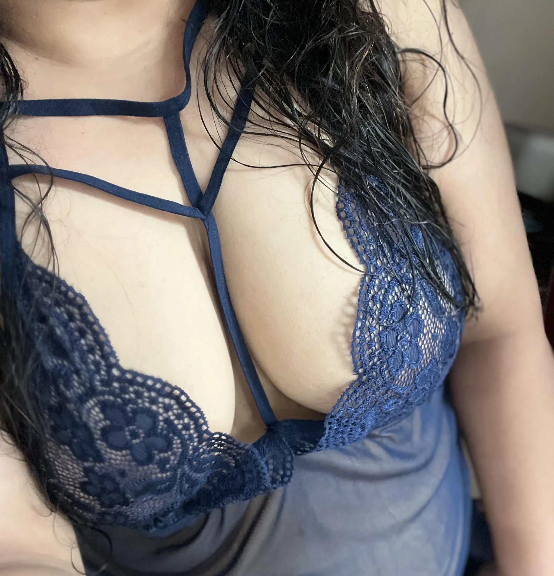Wet hair, bare skin, and nothing underneath. Something about the rain makes me want to be touched…