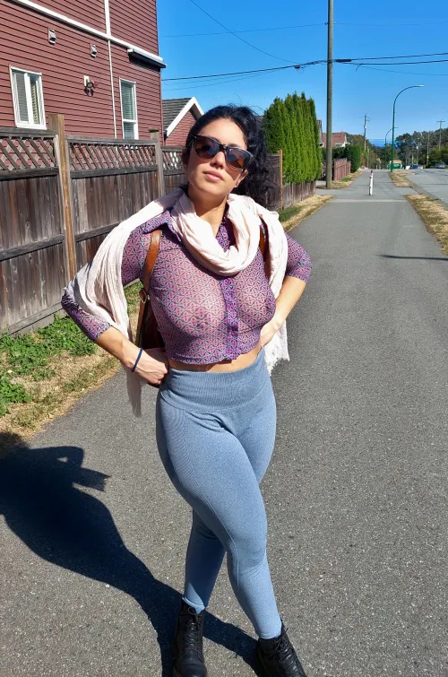 Lilac shirt sheer in sunlight, nips out and proud... street style unlocked