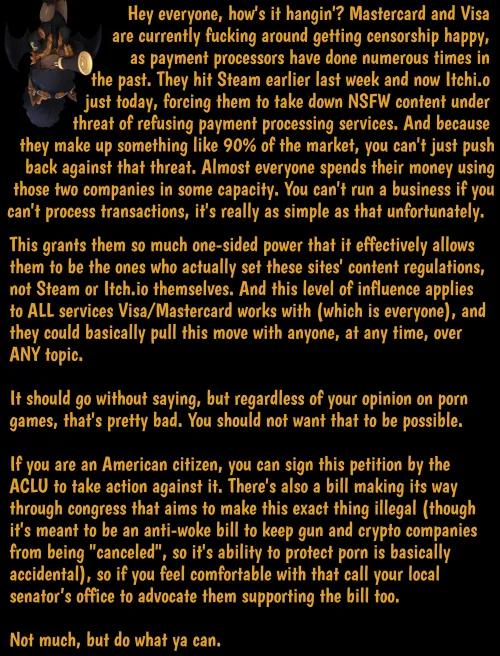 Petition against Visa/Mastercard's recent Steam/Itch.io censorship