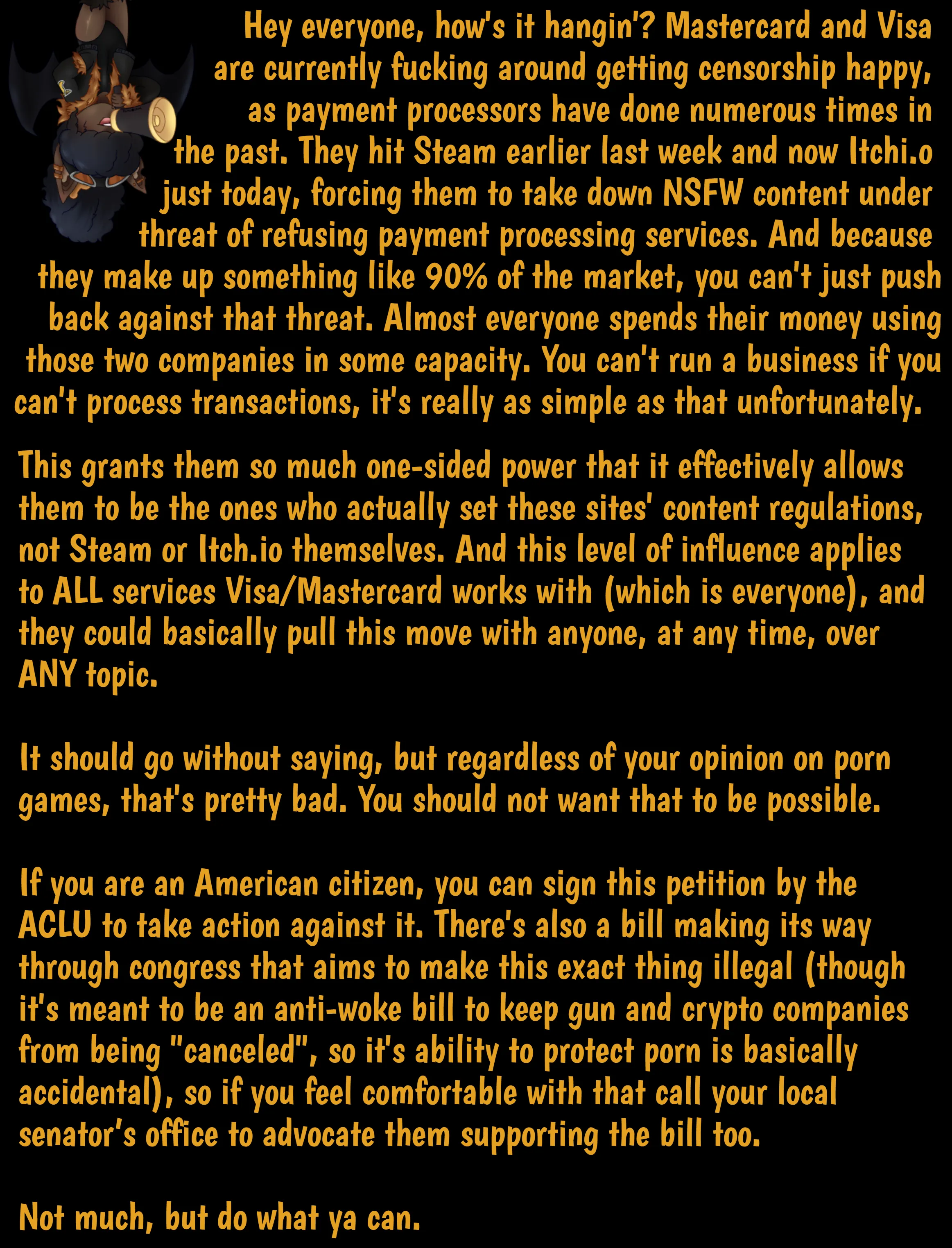 Petition against Visa/Mastercard's recent Steam/Itch.io censorship