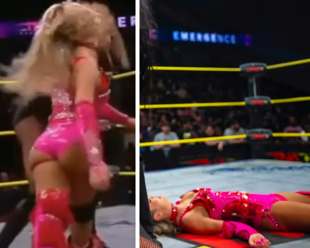 Pretty pink Cassie Lee knocked sensless and pinned. Such a hapless jobber!!