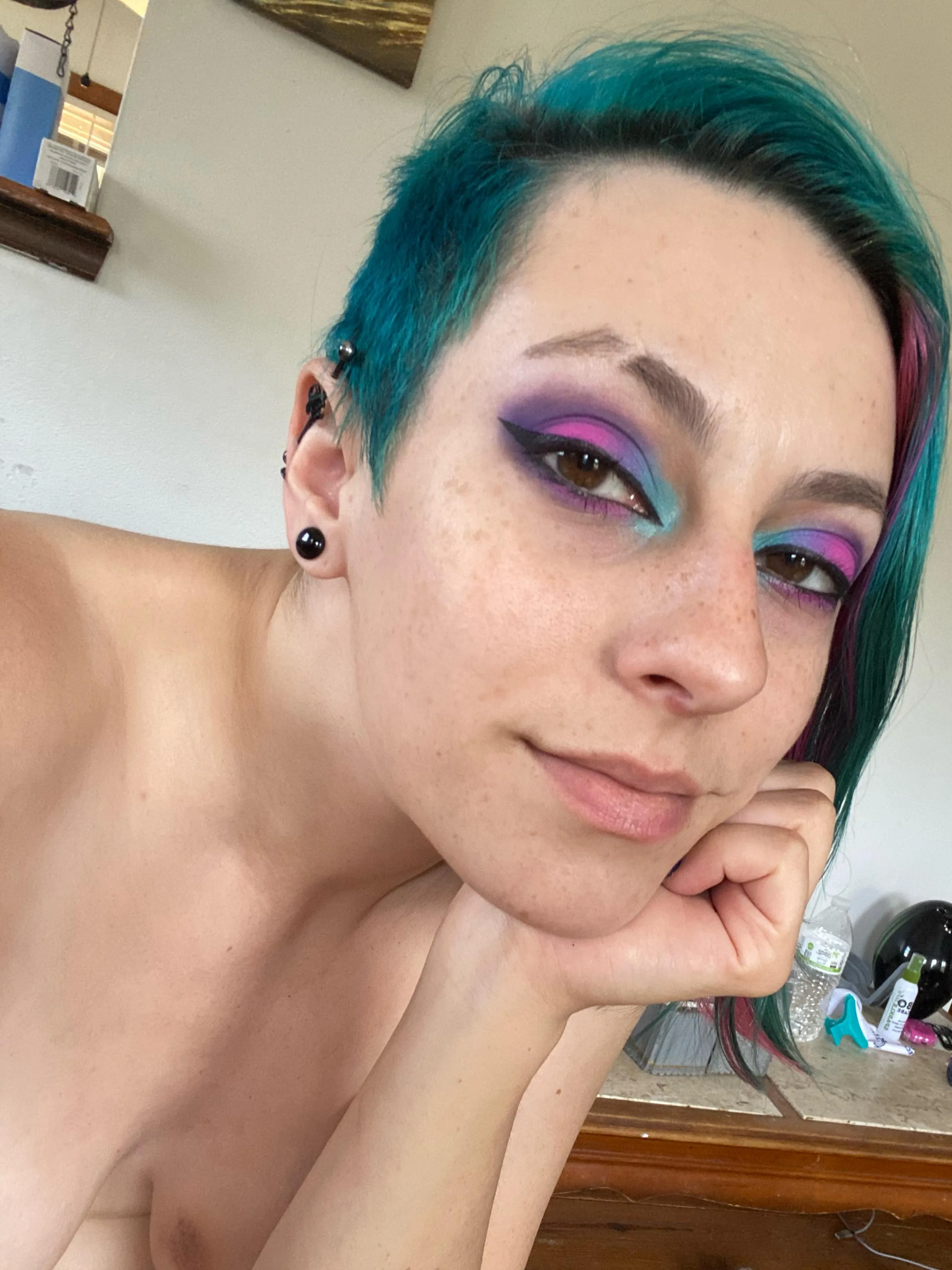 No lipstick or gloss—perfectly nude lips!