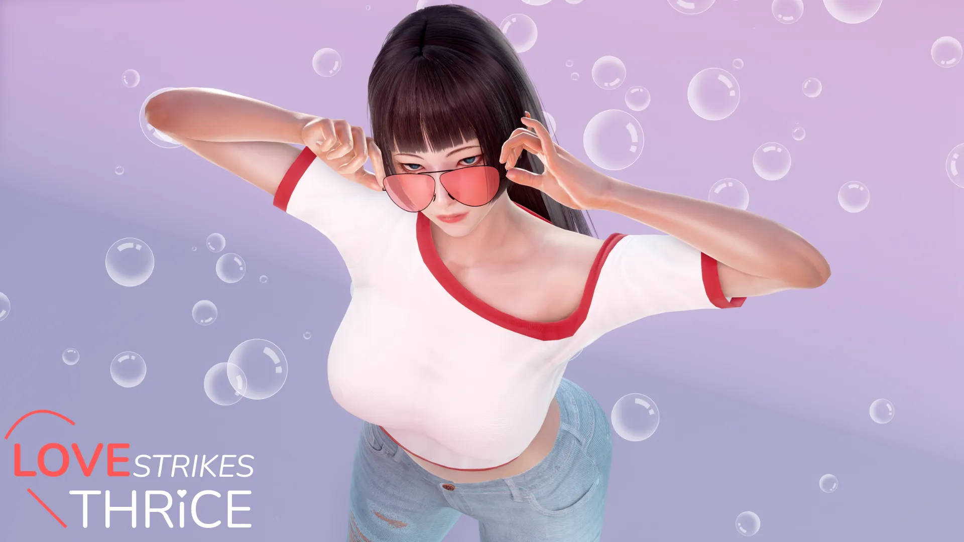 Promotional image for my upcoming game (Love Strikes Thrice)