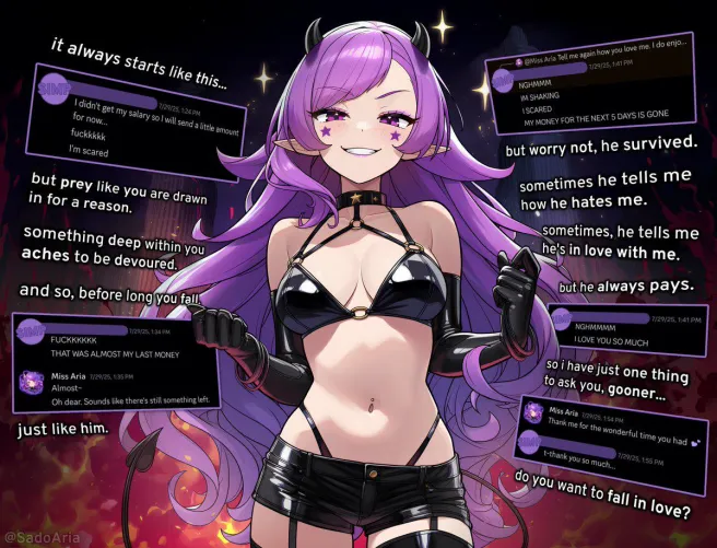 This is how it starts. How will it end? [femdom] [ai generated] [addiction] [findom] [humiliation] (artist:@SadoAria on twitter) (image source in body)