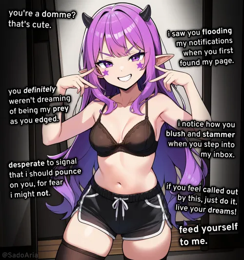 you might pretend to be a dom online, but she knows who you really are [femdom] [ai generated] [simp] [succubus] [humiliation] (artist:@SadoAria on twitter) (image source in body)