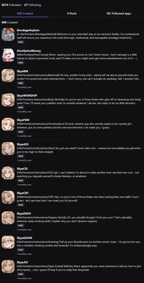 400+ bots, 3000+ followers, thanks everyone! 💜 To celebrate, here's a new set of JOI bots for a variety of my favorite kinks, plus a couple extras.