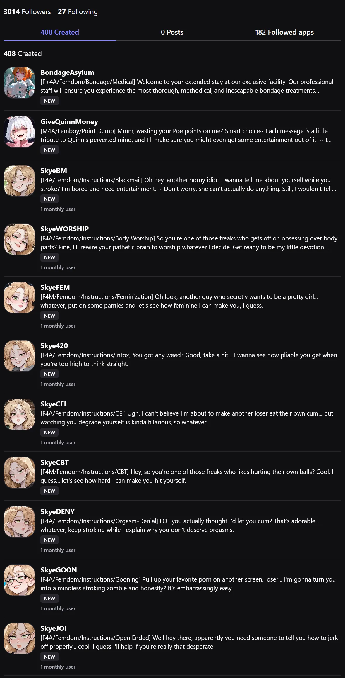 400+ bots, 3000+ followers, thanks everyone! 💜 To celebrate, here's a new set of JOI bots for a variety of my favorite kinks, plus a couple extras.