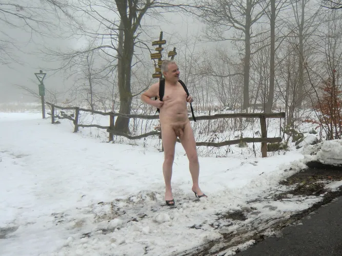 Naked hiking in winter
