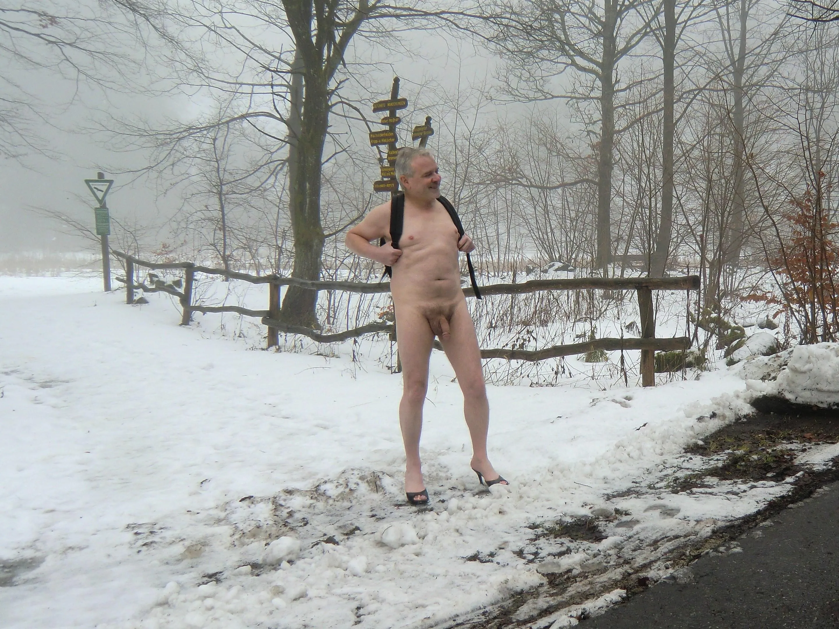 Naked hiking in winter