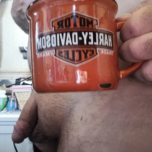 Coffee is hot and cock is hanging