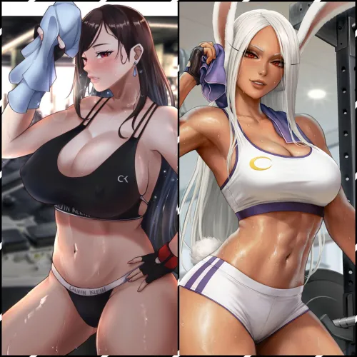 You've received two separate invitations to the gym from these babes, each promising a hot fuck after the workout. You only have time for one. Do you go with Tifa (FF7) or Mirko (My Hero Academia)?