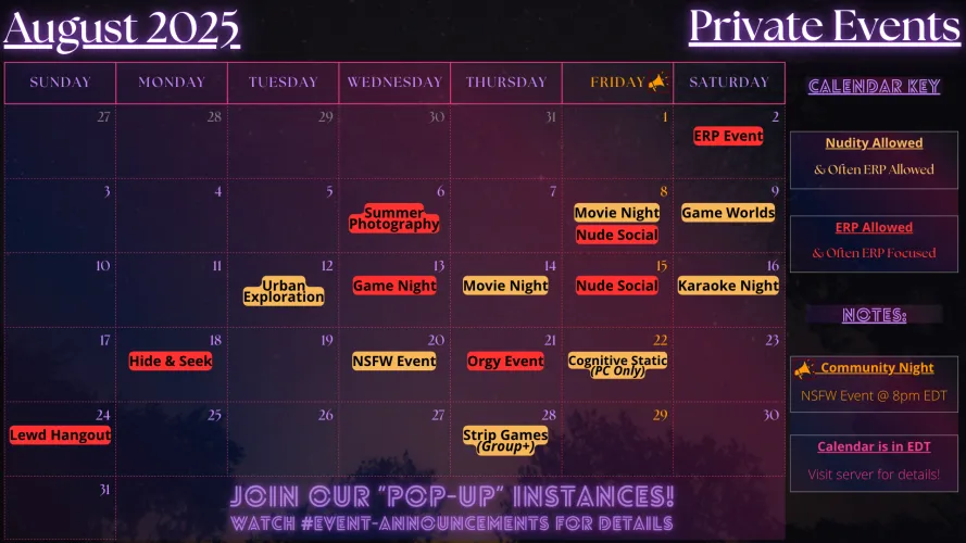 Official August Calendar! Join the r/VRChatNSFW Discord server to attend!