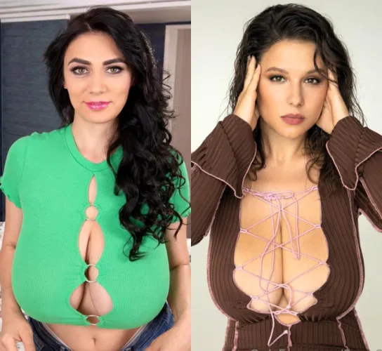 Luna's huge boobs top vs Adriana's huge boobs in a low-cut brown top !