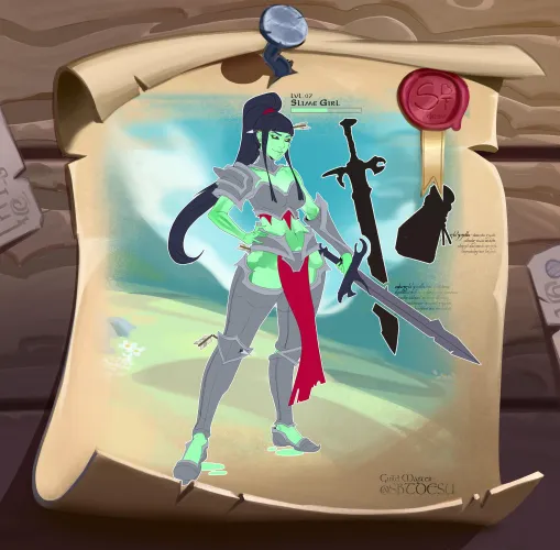 Been sketching a fantasy guild project, here’s the first character, a slime knight girl, what do you think?