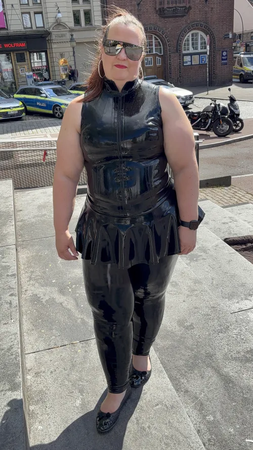 In shiny latex out in public