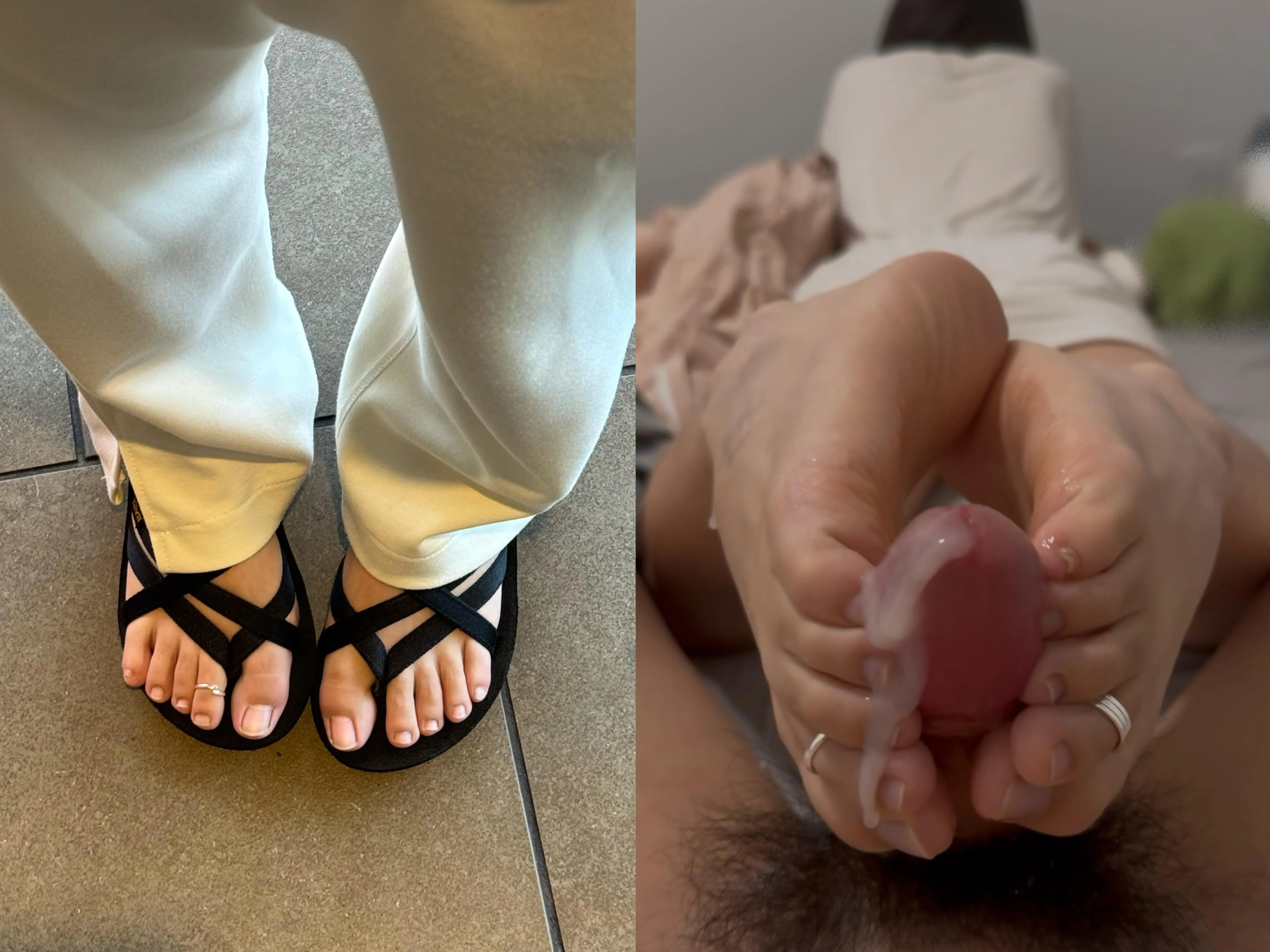 Innocent outside, feet covered in cum at home. Part 1
