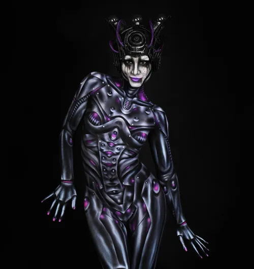 Robot Abby - airbrush bodypainting by Alex Hansen, photo by Dmitri Moisseev. Took almost 7 hours to complete this ultra detailed full body, front and back design.