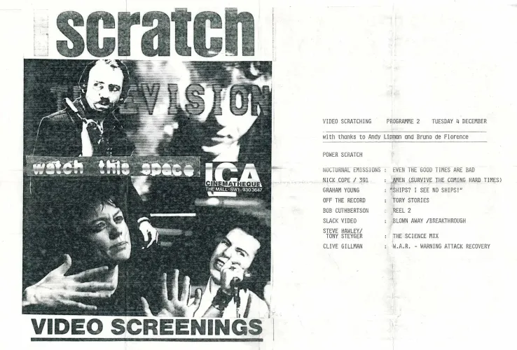 Saturday Scratchurday with a gallery screening of Scratch Television: Watch This Space at the Institute of Contemporary Arts, London in December 1984.