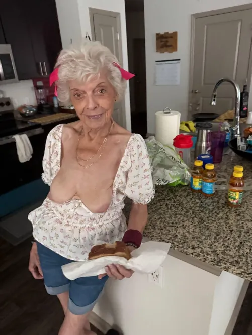 At 85, tits melt into laps like gravity’s sweetest sin...