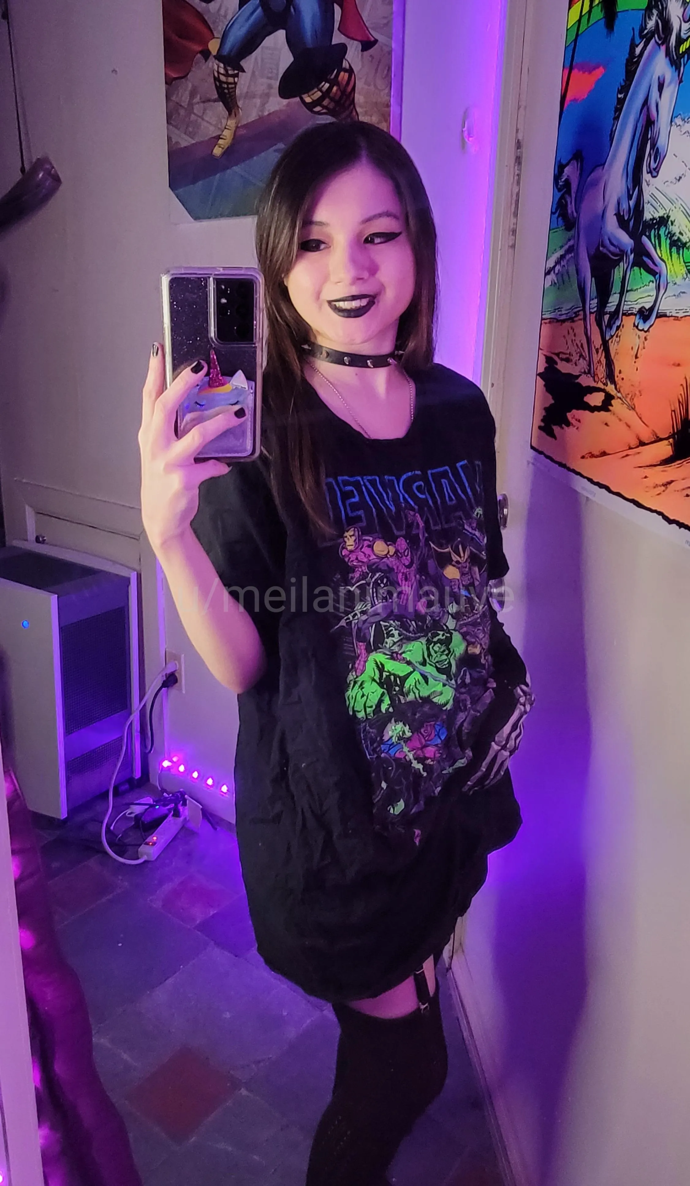 Big smiles from a goth scene girl with your shirt on