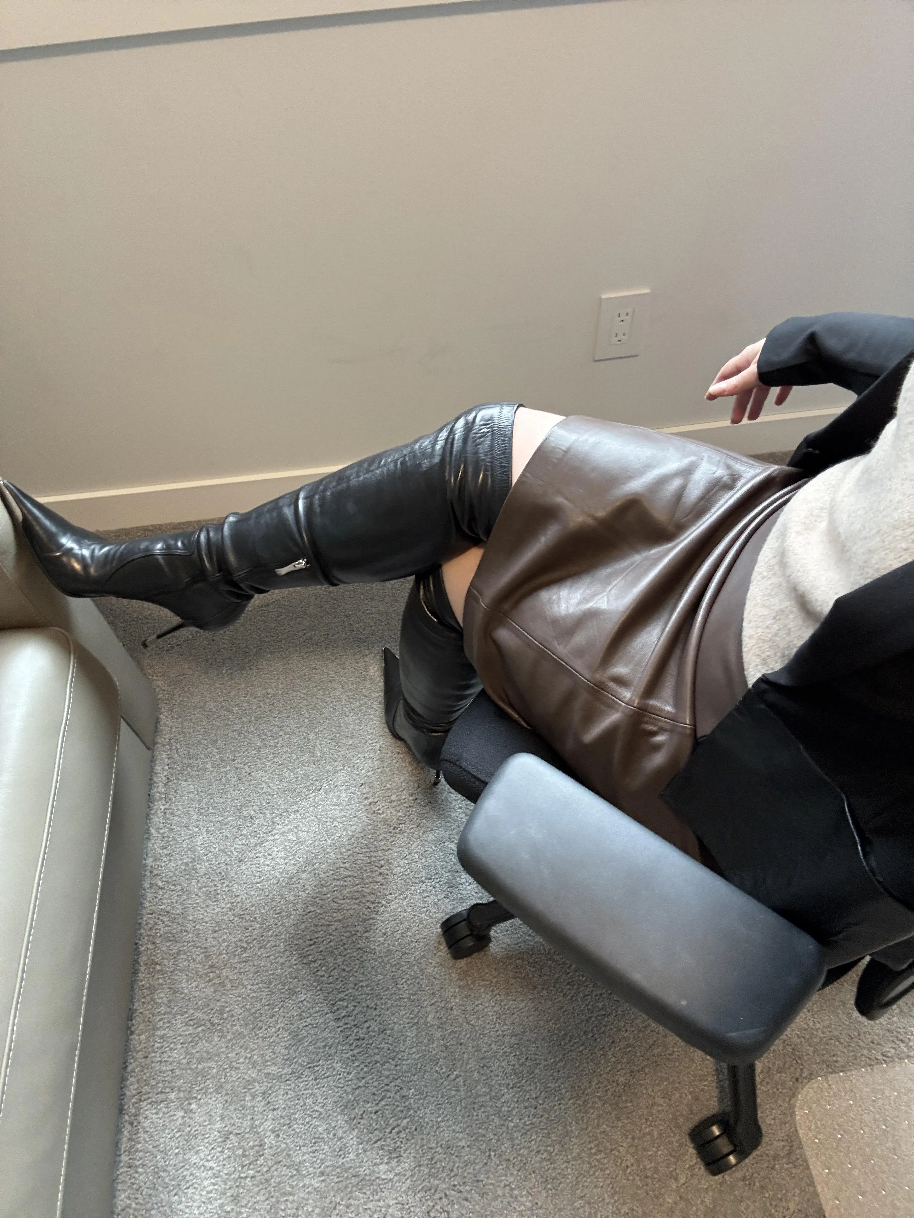 Genuine chocolate leather skirt, and Gianmarco Lorenzi Boots. Anyone looking for a new secretary? :)