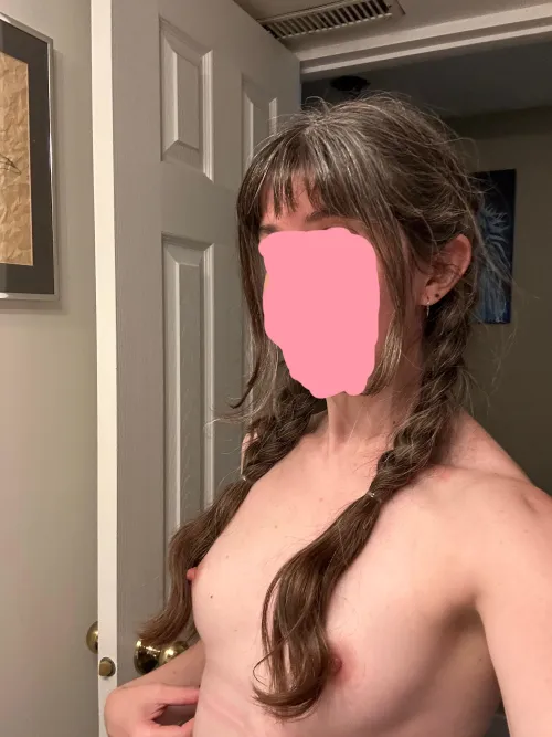Natural colour, going gray with two slept on Dutch braids