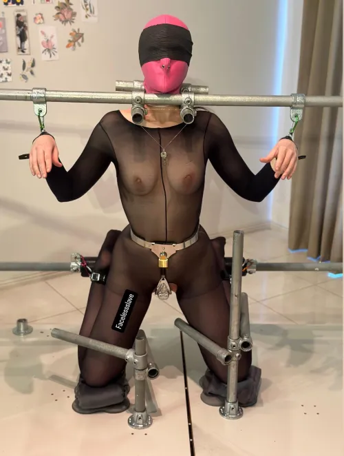 Hooded, secured in pipe bondage, locked in chastity and the keys just out of reach