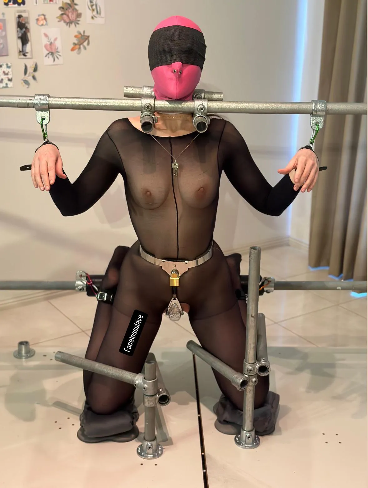 Hooded, secured in pipe bondage, locked in chastity and the keys just out of reach