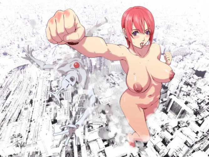 Just a giant nude Chiho Johansson attacking an alien to save the city (art by kon_kit)