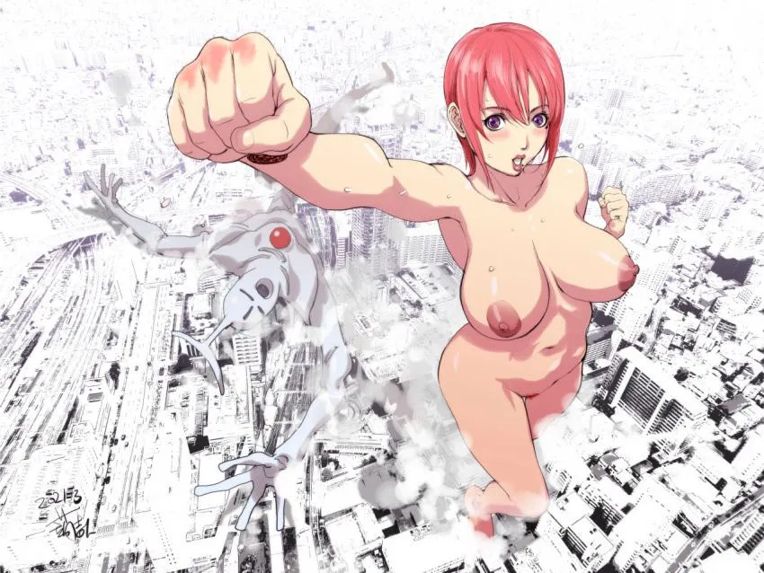 Just a giant nude Chiho Johansson attacking an alien to save the city (art by kon_kit)