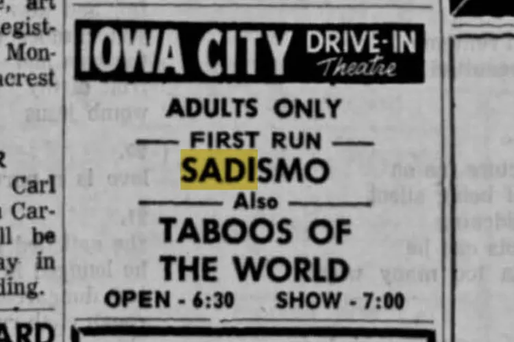 What a double-bill this would have been. Two mondo movies now long considered lost, Sadismo and Taboos of the World narrated by Vincent Price