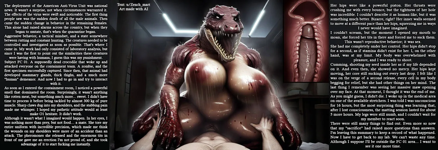 Testimonies of a survivor of a horny monster [Monster fucker] [Creampie] [Zombie] [Femdom] [Creampie] [CNC] [Comm] | Art made by AI