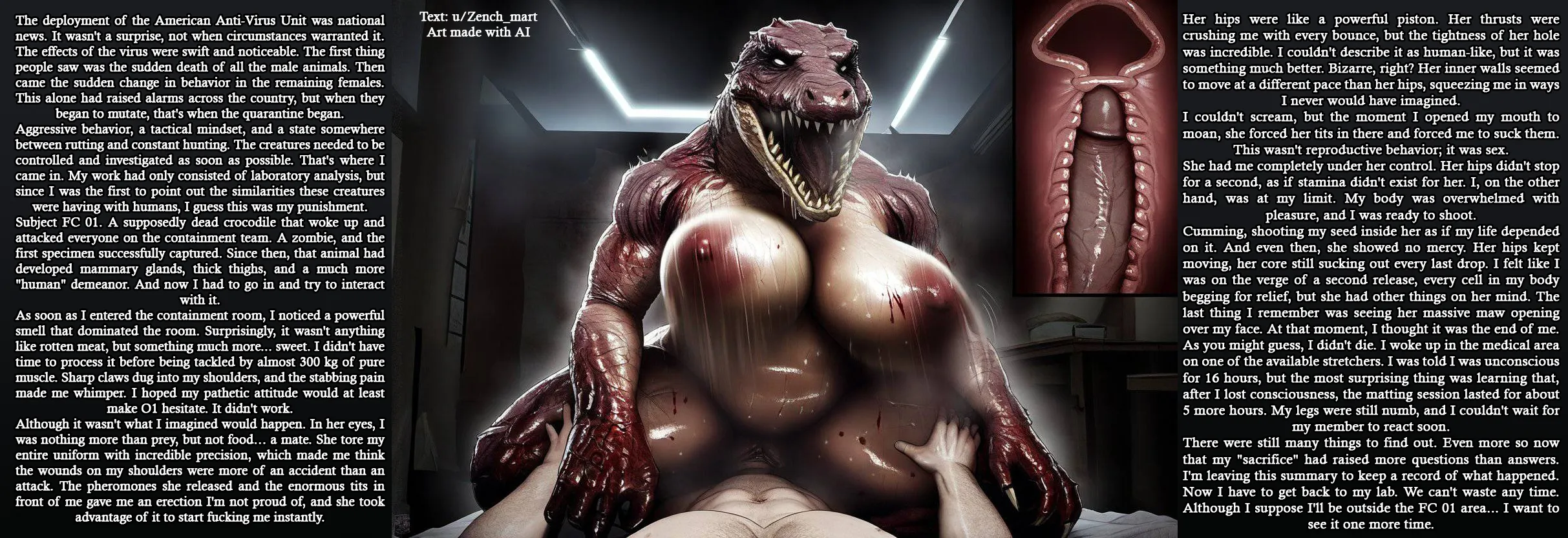 Testimonies of a survivor of a horny monster [Monster fucker] [Creampie] [Zombie] [Femdom] [Creampie] [CNC] [Comm] | Art made by AI