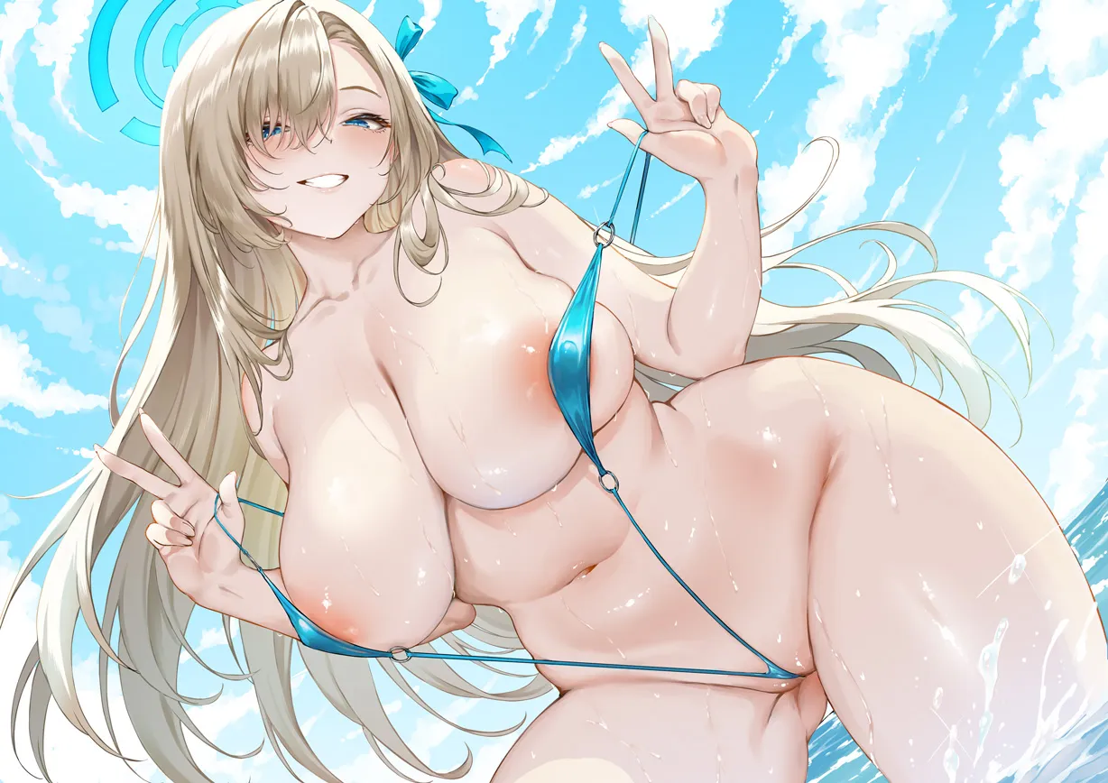 Asuna knew there was no point hiding her thick body with that tiny slingkini so she's taking it off