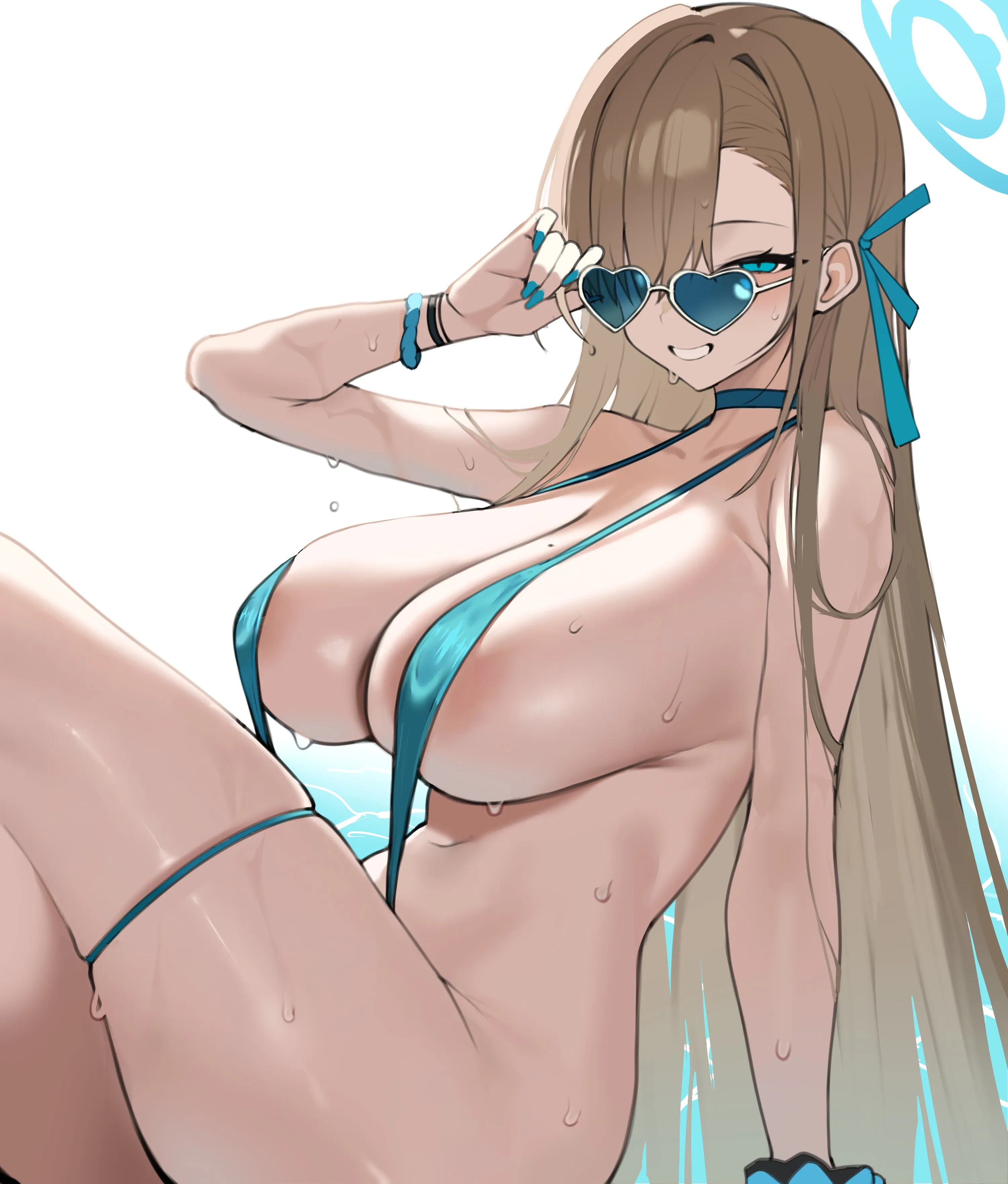 Asuna putting on a tiny slingkini to seduce Sensei with as much of a view of her thick body as possible