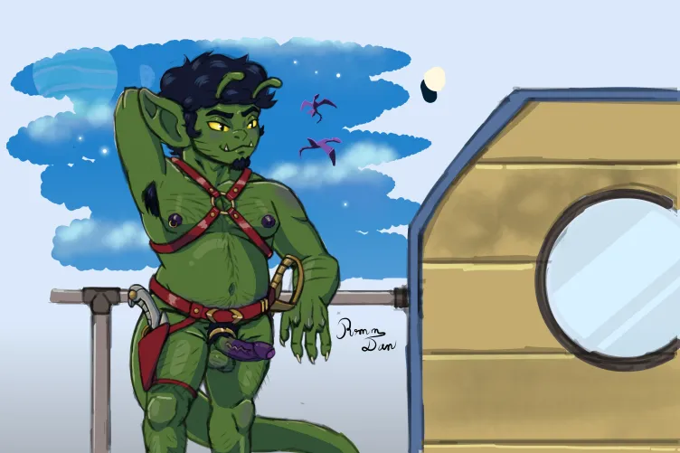 Retro Sci Fi goblin boy chilling on an airship, thoughts?~ (Art by @rommdan.bsky.social)