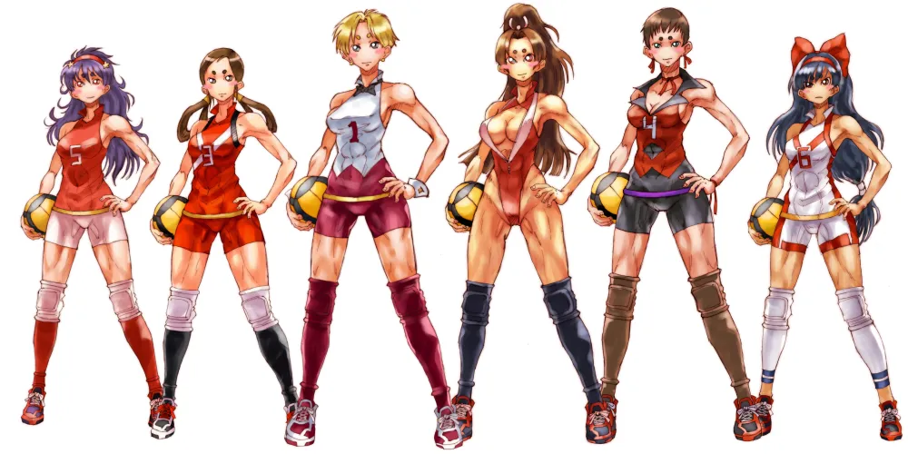 SNK's Volleyball team: Athena, Hibiki, King, Mai, Vice and Nakoruru (めいどいんじゃぱん)
