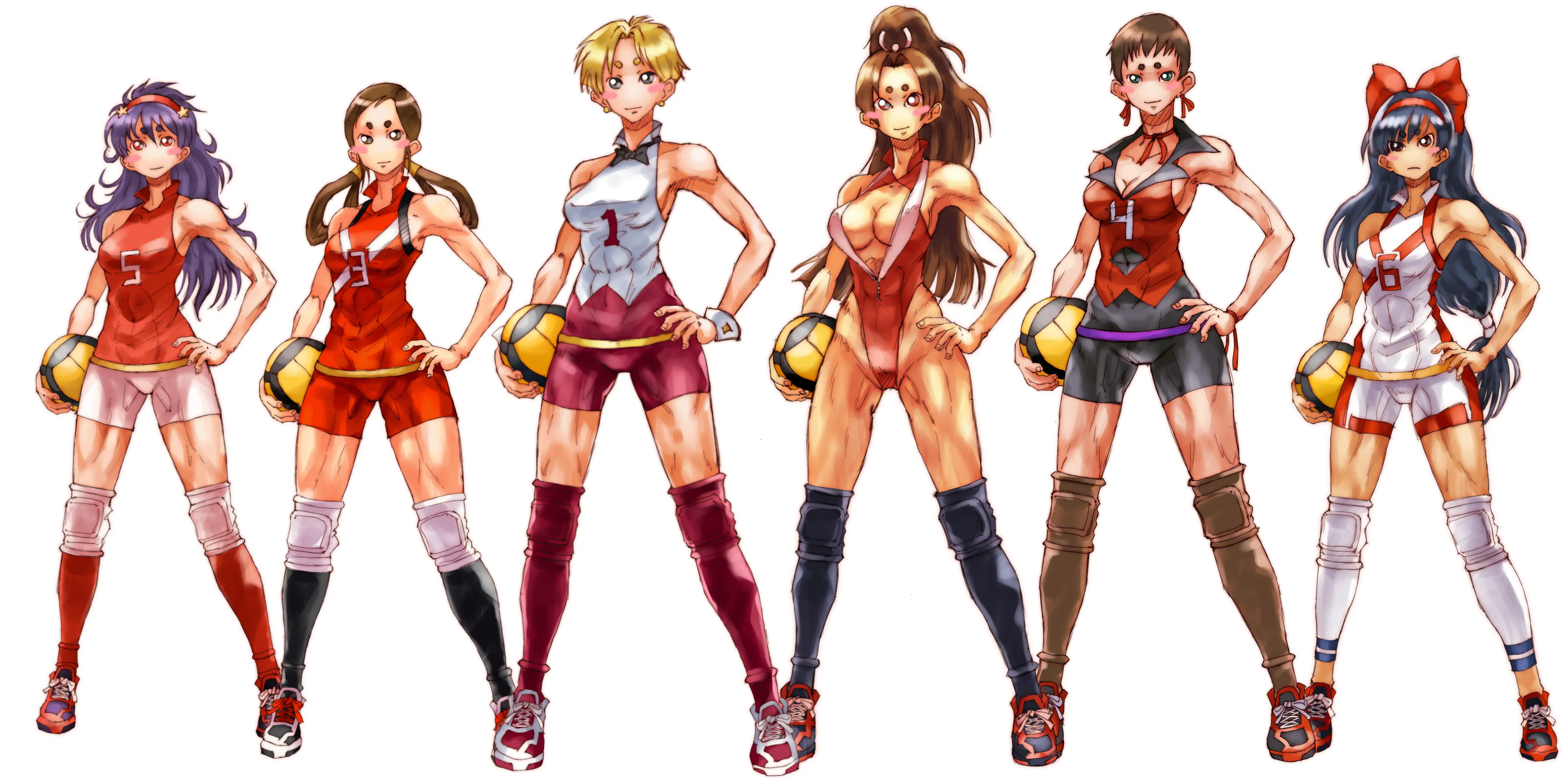 SNK's Volleyball team: Athena, Hibiki, King, Mai, Vice and Nakoruru (めいどいんじゃぱん)