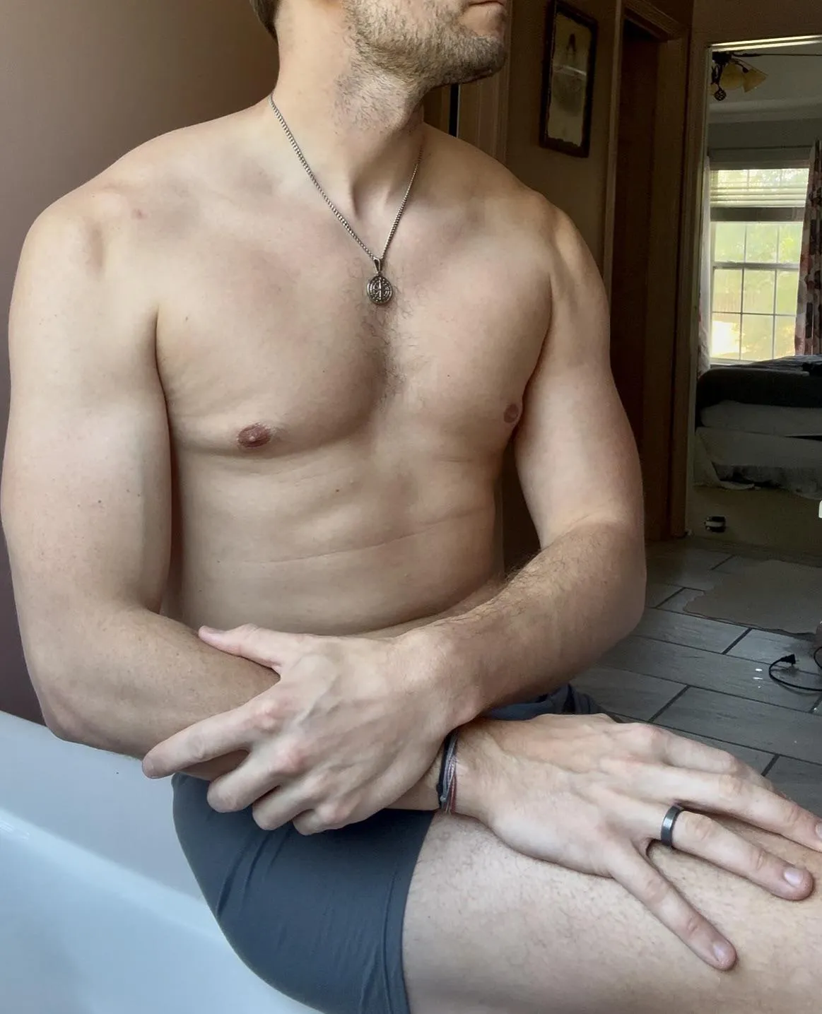 (34) Contemplating whether or not I should get into the bathtub. Would anyone want to join me?