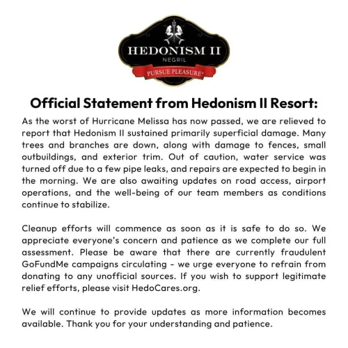 We’re relieved to hear Hedonism II has come through Hurricane Melissa safely. Our hearts are with their incredible team and everyone affected across Jamaica. 💛🇯🇲 #HedoStrong