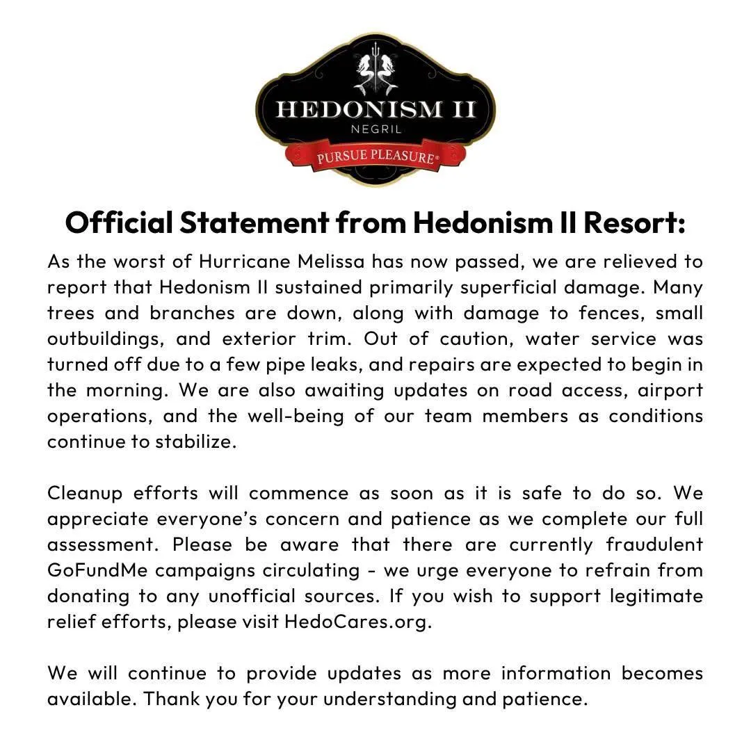 We’re relieved to hear Hedonism II has come through Hurricane Melissa safely. Our hearts are with their incredible team and everyone affected across Jamaica. 💛🇯🇲 #HedoStrong