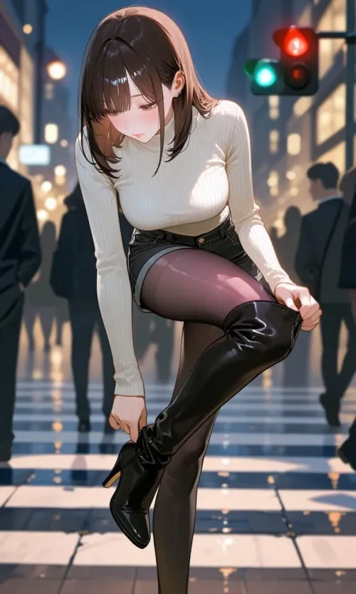 Adjusting her Thigh Boots