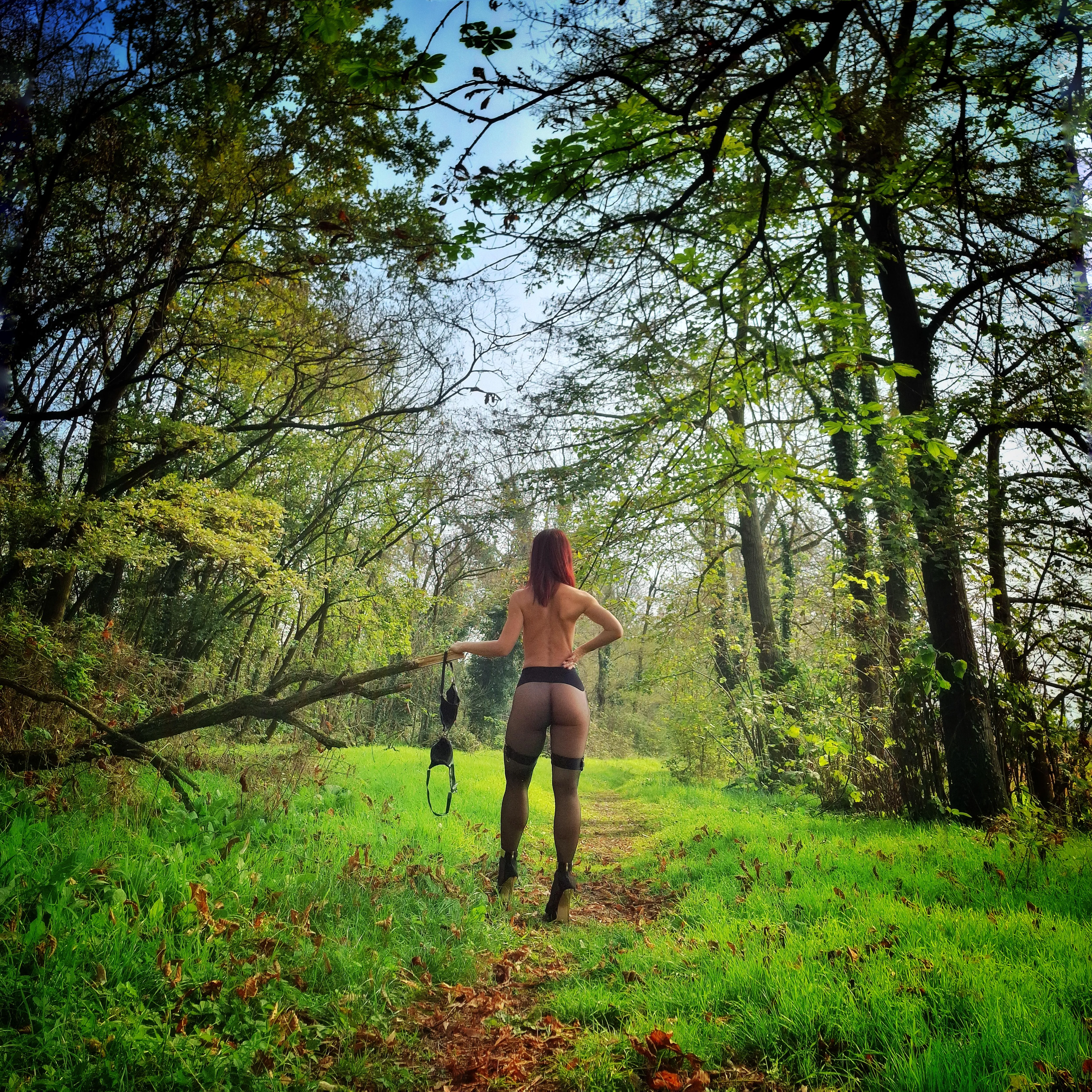 In the wood...just me, my heels, my seamless pantyhose and maybe some curious eyes looking at my nyloned curves